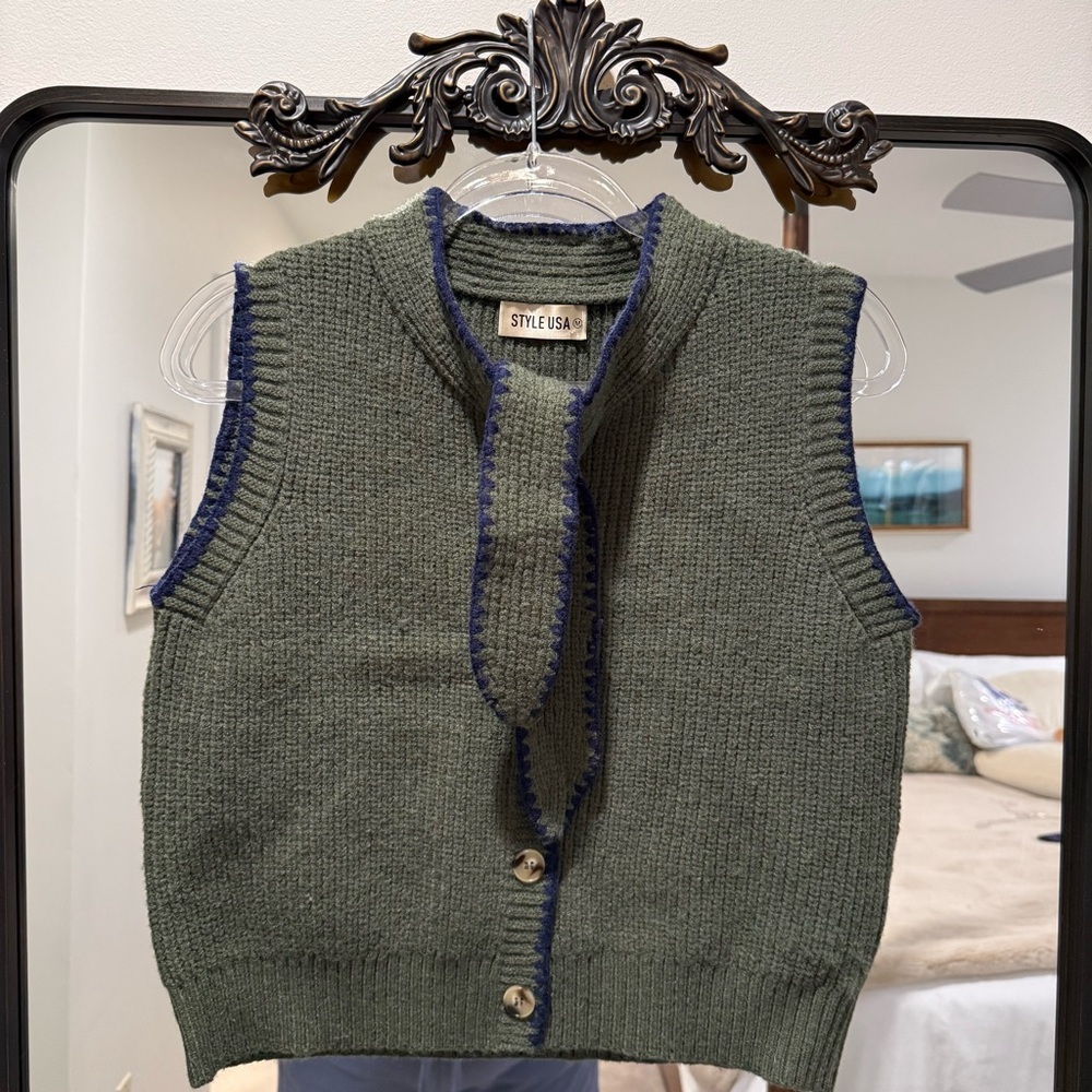 Olive Knit Tie-Neck Sleeveless Sweater Vest